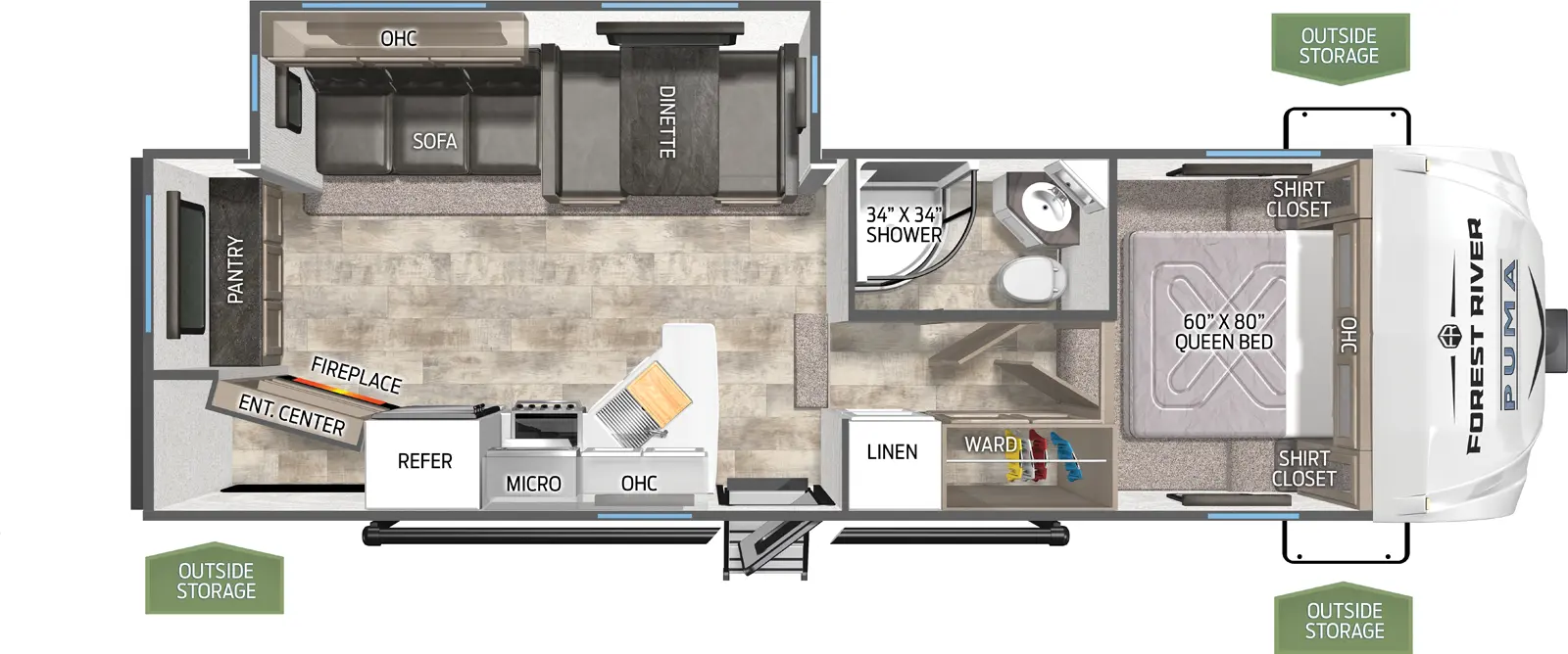 The Puma 257RESS floorplan has one entry and one slide out. Exterior features include: metal exterior and 18' awning. Interiors features include: front bedroom.